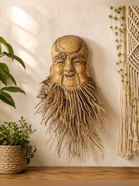 Vintage Hand-Carved Bamboo Root Laughing Buddha Wall Mask • Vietnam Folk Art